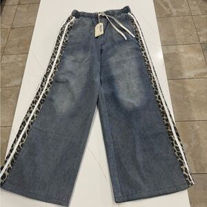 JODIFL Blue Wide-Leg Pants with Leopard Trim